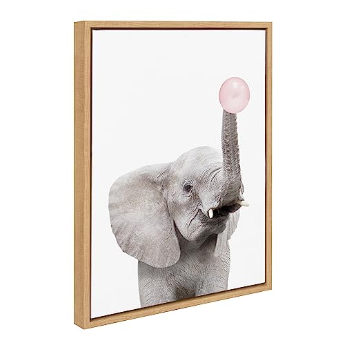 Image of Kate and Laurel Sylvie Bubble Gum Elephant Framed Canvas Wall Art by Amy Peterson Art Studio, 18x24 Natural, Cute Whimsical Animal Art for Wall