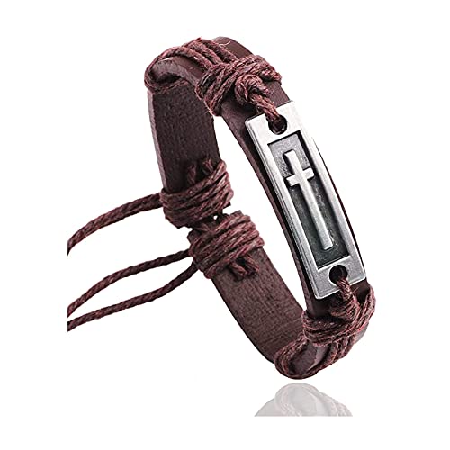 Fusamk Fashion Cross Tag Bangle Adjustable Leather Cuff Wristband Drawstring Rope Bracelet(Brown)