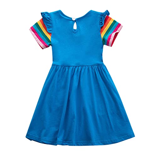 Unionkk Kids Girls Summer Casual Unicorn Dresses Cotton Short Sleeve Crew Neck Dress 2-7 Years (Short Sleeve-Blue, 4T) #TOP1