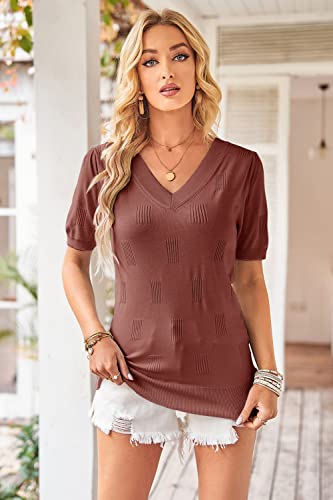 Image of Arach&Cloz Women's Lightweight Spring Summer Sweater Tops Casual Short Sleeve Blouses Shirts