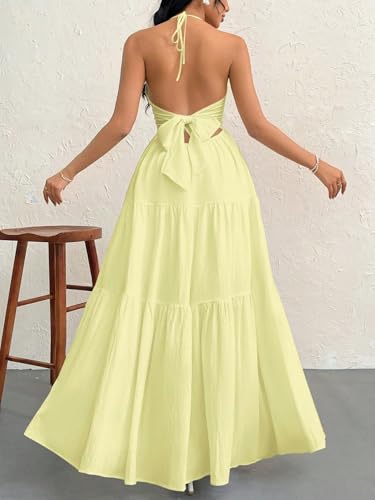Image of Narecte Women's Maxi Summer Dresses Halter V Neck Beach Dresses for Women A-Line Casual Dress for Vacation