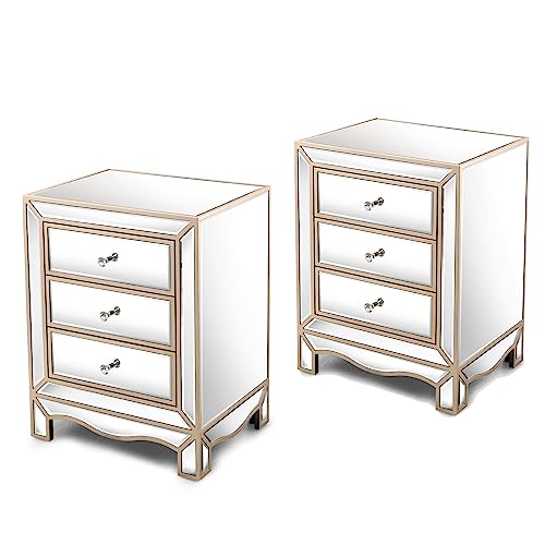 Mirrored Nightstand, Mirrored End Table with 3 Drawers, Side Tabl...