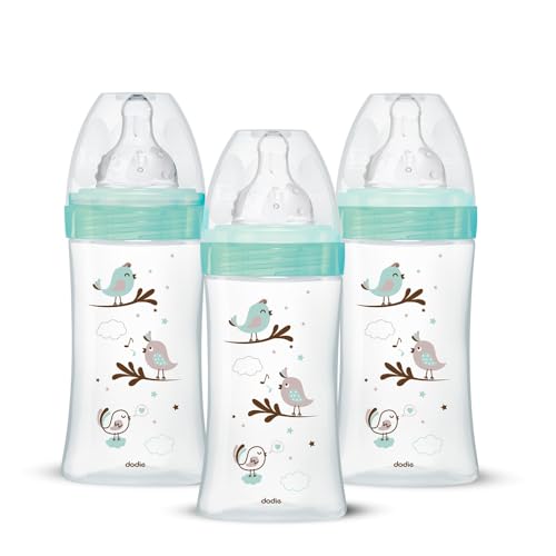Dodie Lot de 3 Biberons Anti-Colique Initiation+ en verre, 270mL,0-6 Mois, tétine Ronde, Débit 2