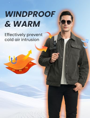 Image of TBMPOY Men's Corduroy Jacket Fleece Sherpa Winter Trucker Work Cargo Coat | Warm,Thick,5 Pockets,Turn-down Collar,Casual,Travel