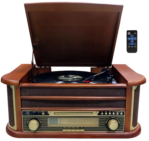 Nostalgia drewniany zestaw muzyczny | kompaktowy gramofon | Bluetooth | retro wieża stereo | odtwarzacz CD MP3 USB | radio | kodowanie MP3: funkcja nagrywania | pilot zdalnego sterowania | magnetofon