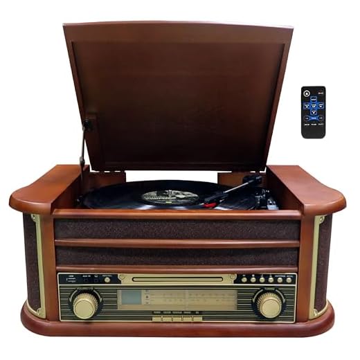 Nostalgie Madera | Minicadena | Retro Equipos de Música equipo estéreo, tocadiscos, radio, reproductor de CD, USB Reproducción, mando a distancia, función de grabación de MP3 Encoding: | AUX IN | integr laus tprecher