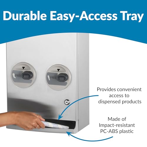 Image of Bobrick Napkin and Tampon Dispenser, Free Vend, Surface-Mounted, ADA Compliant, Stainless Steel, Satin Finish Holds 30 Tampons & 20 Napkins Push-Button Operation Easy Access Adjustable Coin Settings