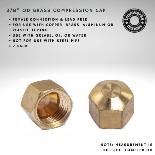 Ironwerks 3/8" Od Brass Compression Cap Fitting, Stop Valve Cap, Lead-Free To Close Off Unused Pipe - 2 Pack #TOP1