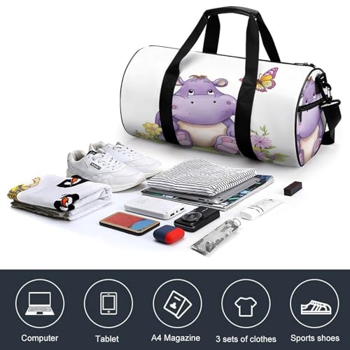 Cylindrical Gym Bag,Butterfly And Hippo Sports Gym Bag,Workout Bags,travel Weekender Bag,Duffle Travel Bag for Men Women4
