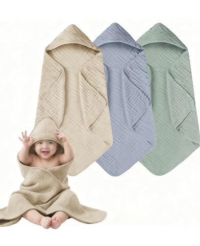 Image of TRYISDICDVC 3-Pack Hooded Baby Towels for Newborn 100% Cotton Soft Babies Blanket Toddler and Kids Bath Towel Baby Essentials