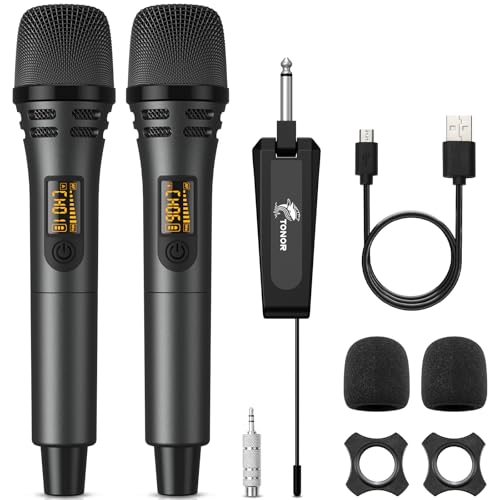 TONOR Wireless Microphones, UHF Cordless Handheld Dynamic Mics with 6.35mm Rechargeable Receiver, 60 m Range, 2 * 5 Adjustable Channels for Karaoke, Singing, DJ, Party, Speech, TW320, 2 Mics Grey