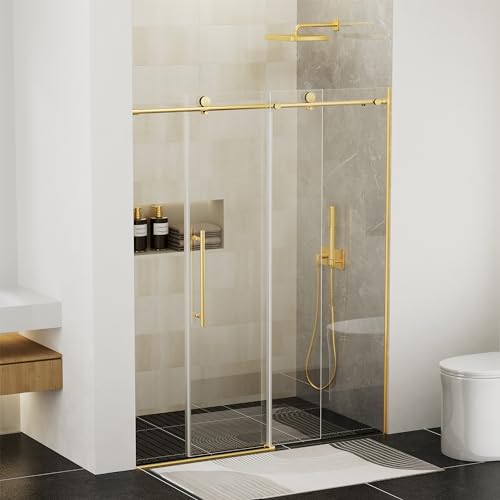 Findepot Frameless Sliding Shower Door 56-60 in W x 75 in H,Frameless Shower Door with 5/16' (8mm) Clear Tempered Glass,Silent Soft-Close Design,Brushed Gold