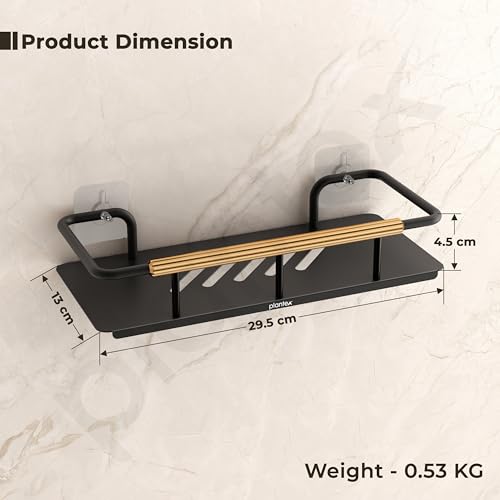 Image of Plantex Self Adhesive Bathroom Shelf /Stainless Steel Bathroom Shelf Rack /Wall Shelf for Bathroom /Bathroom Organiser Without Drill /Bathroom Accessories Set- Pack of 1 (12x5 inches, Gold & Black)