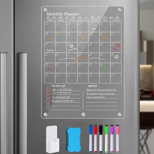Acrylic Magnetic Dry Erase Board for Fridge Monthly & Weekly Calendar Planner Note Blackboard Set Clear Acrylic Magnetic Calendar Reusable Planner Board for Refrigerator/Wall/Glass/Kitchen