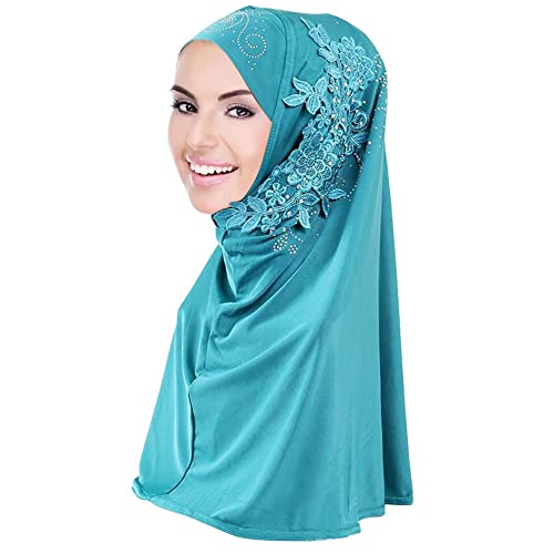 LINVINC Muslimischer Turban-Hüte - Damen Spitze Diamant Polyester Hijab Hidschab Wickelschal Arabien Kopfbedeckung Kopftuch Schal, Blau-grün Cover