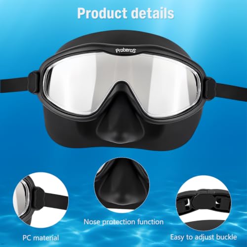 Image of PROBEROS Premium Swimming Goggles for Men & Women, 2-in-1 Wide View Goggles UV Protection & Anti-Glare Lenses with Anti-Choke Nose Cover & Earplugs, Adjustable No Pressure Swim Goggles, Black