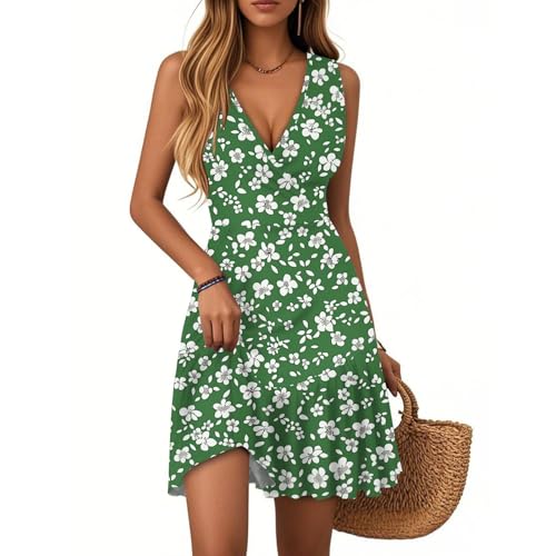 Sommerkleider Knielang Damen Kleider Sommer Ärmellos Strandkleid V-Ausschnitt Blumenmuster Rüschen Swing Sommerkleid Hohe Taille Sexy Festlich...