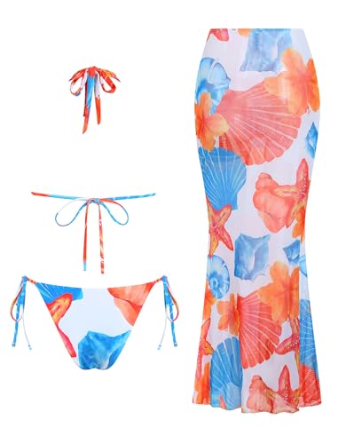 Image of ZAFUL Women's 3 Piece Floral Swimsuit Draped Neck Halter Bikini Tie Side Bathing Suit with Sheer Cover Up Skirt