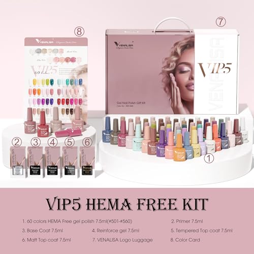 VENALISA VIP5 65PCS Hema Free Gel Nail Polish Set, 60 Colors Sparkle Glitter ...