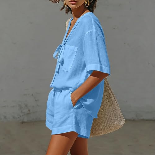 Conjunto de lino para mujer de 2 piezas con camiseta de lazo y pantalones cortos 5