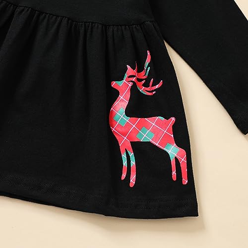 Camiseta preta com estampa de cervo de Natal para outono e inverno para meninas com cachecol, Preto,