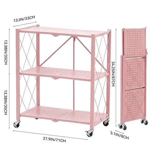 Image of BRIAN & DANY 3-Tier Foldable Storage Shelves with Wheels, No Assembly Folding Shelf Metal Rack, Shelving Unit for Kitchen, Garage, Pink