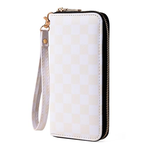 Image of Checkered Cow Print Wallet For Women Skull Goth Frog Butterfly Turtle Ladies Cluth Wristlet Wrist Strap Long Purse Zip Around Card Holder