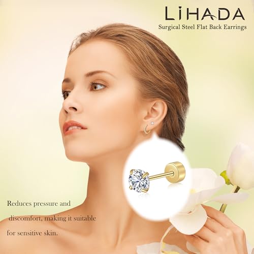 Surgical Steel Small 14K Gold Plated Huggie Hoop Earrings Set with Flat Back CZ Stud Earrings,Hypoallergenic Lightweight Waterproof & Non Tarnish for Women-Multiple Piercings4