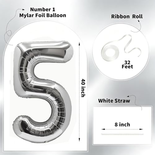 Image of Number Balloons Silver Party Balloon - Giant Number 5 Balloon, 40 Inch Large Balloon for Birthday Decorations, Silver Party Supplies for Anniversary