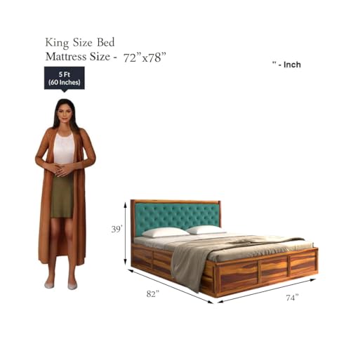 Image of DRIFTINGWOOD Dolvi Solid Sheesham Wood King Size Bed with Storage | Wooden Double Bed Cot Bed with Box Storage & Turquoise Green Velvet Upholstered Cushioned Headboard for Bedroom | Honey Finish