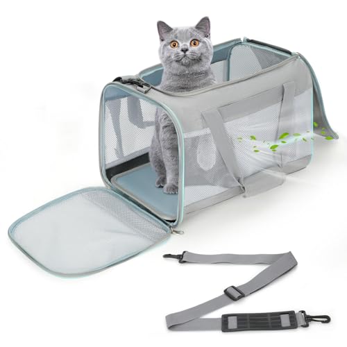 Cozary Trasportino Portatile per Gatto Cani Piccoli Pieghevole Leggero con Cuscino Tracolla Regolabile e Borsa Laterale Trasportino Rigido per Auto (45x30x30cm, Grigio)