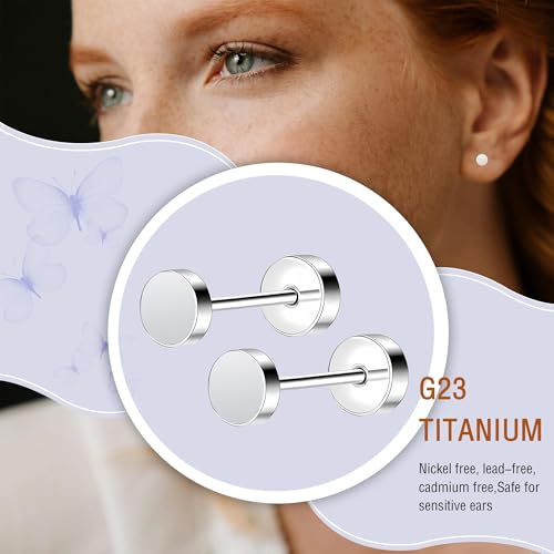 ZDE Women Earrings Flat Back Dot Earrings Titanium Hypoallergenic Cartilage Non-Nickel Earrings Studs for Sensitive Ears Simple Classic 3mm/4mm/5mm/6mm Screw On Stud Earring2