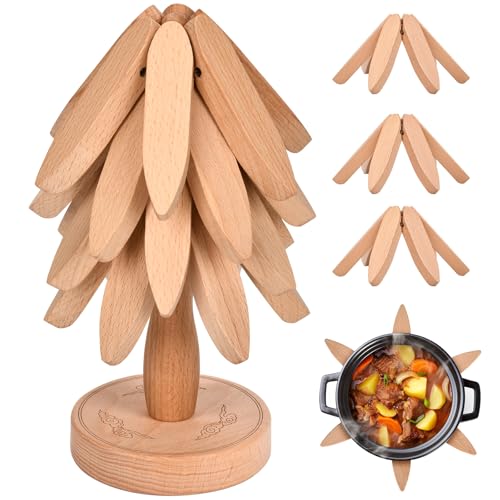 Wooden Trivets for Hot Dishes，Trivets for Hot Pots and Pans，Hot Pads for Table，Tree Coasters Set of 4(4 Trivits+1 Stand)