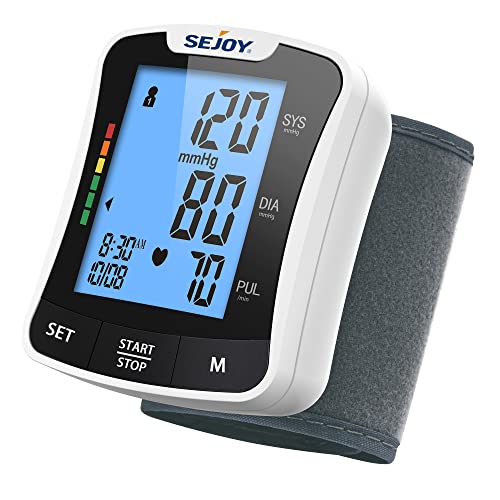 Sejoy Tensiometro de Muñeca, Tensiómetro Digital, Monitor de Presión Arterial, Brazalete Automático, LCD Retroiluminada, 120 Memorias 13.5-21.6cm Brazalete, Transmisión de Voz, Baterías y Bolsa