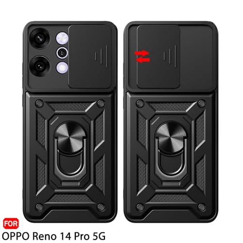 Image of TheGiftKart Tough Armor Bumper Back Cover Case for Oppo Reno 14 Pro 5G | Sliding Camera Cover, Kickstand & Ring Holder | 360 Degree Protection Back Cover Case for Oppo Reno14 Pro 5G (PC & TPU, Black)