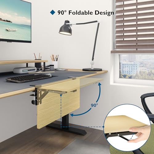 BONTEC Ergonomics Desk Extender Tray, 510mm x 240mm Table Mount Desk Extender Shelf, 90° Foldable Table Extender, Clamp on Computer Arm Rest for Desk, Light Wood