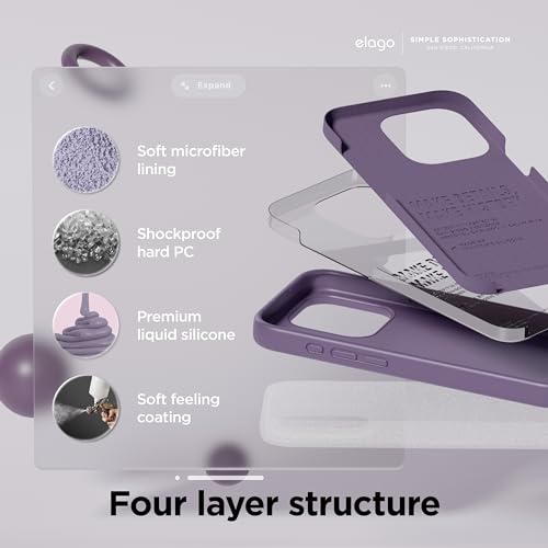 Image of elago Compatible with iPhone 15 Pro Case, Liquid Silicone Case, Full Body Protective Cover, Shockproof, Slim Phone Case, Anti-Scratch Soft Microfiber Lining, 6.1 inch (Deep Lavender)
