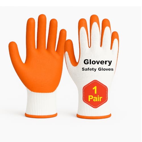 Image of Nylon Safety Work Gloves with Nitrile Coating - Industrial-Grade Protection for Cleaning, Warehouse, Mechanics, Construction - Durable, Flexible, Non-Slip Grip (White & Orange, 1 Pair)