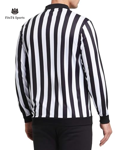 FitsT4 Sports Men's Official Black & White Stripe Referee Shirt Zipper Collared Umpire Jersey Costume Pro Ref Uniform