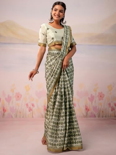 Image of Satrani Women's Silk Printed Ready To Wear Saree with Unstitched Blouse Piece