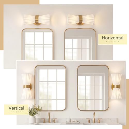 Image of Gold Wall Sconces Set of 2, Milk White Pleated Fabric Shade | Hardwired, Wall Light Fixtures, Up Down Wall Mount for Living Room Bedside