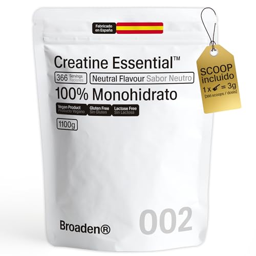 BROADEN® 1,1kg Creatina Monohidrata en Polvo Sin Sabor con 133 Dosis | 100% Monohidrato de Creatina | Incluye Dosificador | Sin Añadidos | Sin OMG, Vegano, Sin Gluten. (1,1 Kilos, Sin sabor)