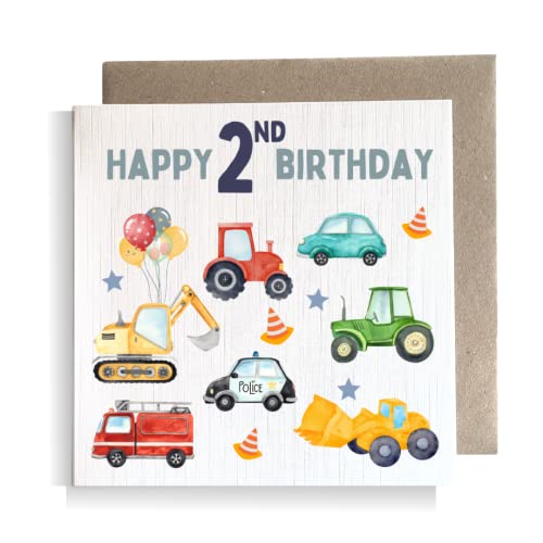 Second Ave 2nd Birthday Age 2 Childrens Kids Baby Tractor Car Square Card For Boy or Girl Birthday