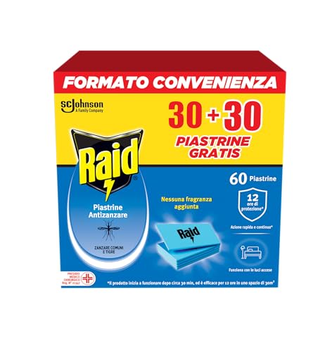 Raid Piastrine Antizanzare, 60 Piastrine Inodore per Zanzare Comuni e Tigre, Fino a 12 Ore di Protezione, Compatibili con Diffusori Raid