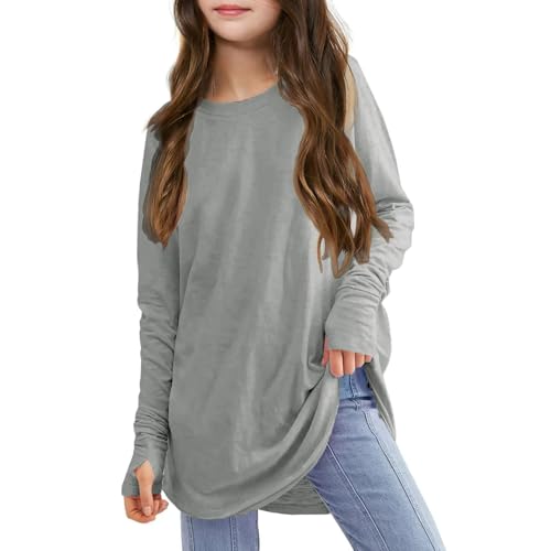Kids Girls Long Sleeve Blouse Shirts Solid Color Loose Round Neck Long Sleeve Comfy Tops Girls Trendy Tees Clothes