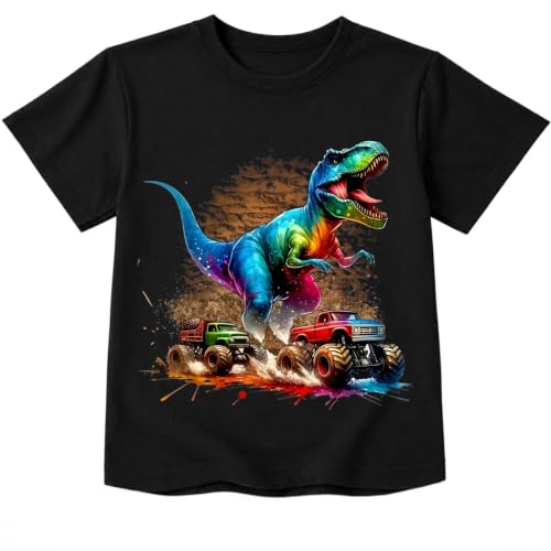 Zcaynger Toddler Boys Dinosaur Monster Truck Shirt 2-10T Kids Graphic Tee Short Sleeve Summer T-Shirt Black