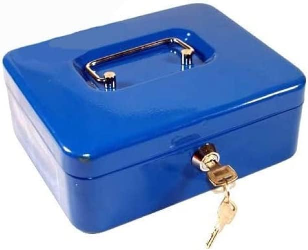 8” Metal Cash Box With 2 Keys - Comes With A Organizer Tray, Secure Safe, Petty Money Bank, Deposit | Multipurpose Cash Box Holds Notes & Coins | Secure Steel | Security Cylinder (Blue)