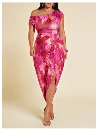 Image of Floerns Women's Plus Size Asymmetrical Neck Long Dress Ruched Slit Hem Cocktail Dress