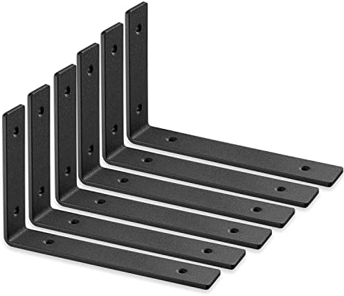 BATODA 10” Floating Shelf Brackets (6pcs)-L Shelf Brackets Black - Heavy Duty Hook Brackets for Shelves - Wall Mounted Support for DIY Open Shelving – Shelving Mounting Hardware Included (Pack 6)