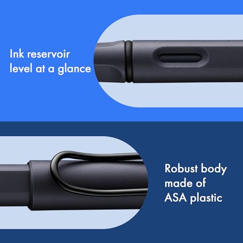 Image of Lamy Safari Steel Black Fountain Pen with Ergonomic Grip and Polished Steel Nib in Line Width B Robust ASA Plastic Includes Ink Cartridge T 10 Blue Right-Handed